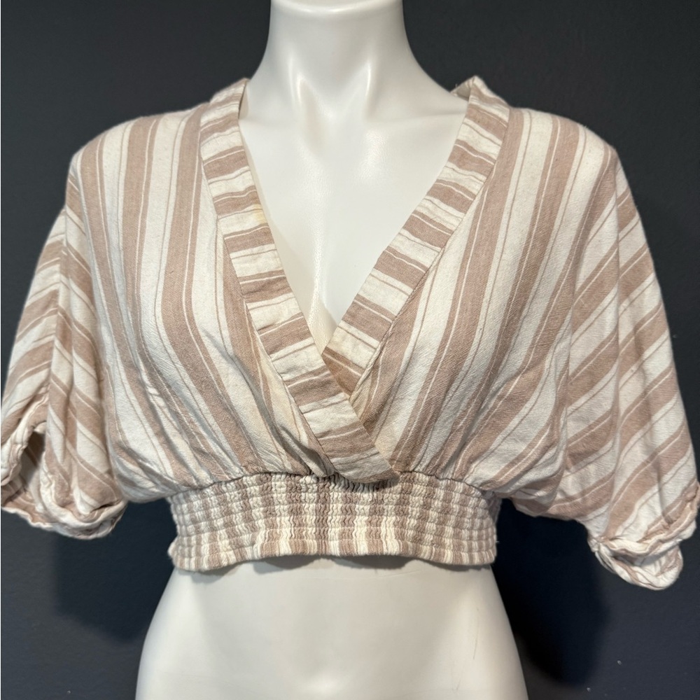 Urban Outfitters Striped V-Neck Crop Top - Cream and Brown